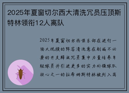 2025年夏窗切尔西大清洗冗员压顶斯特林领衔12人离队 2025年夏窗切尔西大清洗冗员压顶斯特林领衔12人离队